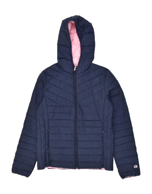 men's outdoor jackets -CHAMPION Girls Hooded Padded Jacket 11-12 Years Large Navy Blue