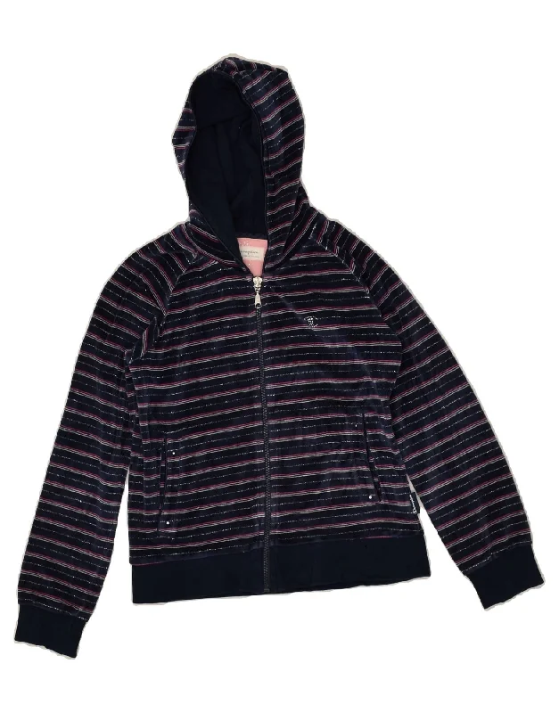 men's modern cardigan sweaters -CHAMPION Girls Zip Hoodie Sweater 9-10 Years Medium Navy Blue Striped