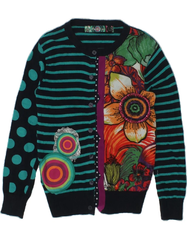 men's warm knitwear sweaters -DESIGUAL Girls Cardigan Sweater 7-8 Years Green Striped Cotton