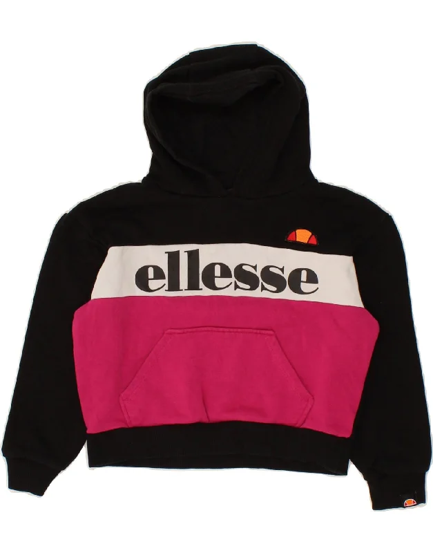 men's comfy hoodie sweatshirt -ELLESSE Girls Crop Graphic Hoodie Jumper 8-9 Years Black Colourblock