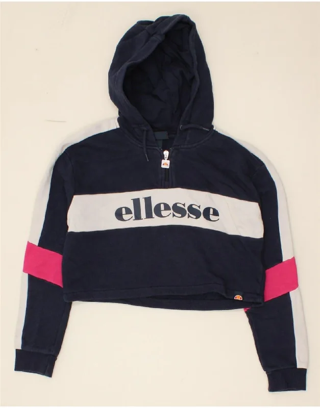 men's oversized sweatshirt hoodies -ELLESSE Girls Graphic Hoodie Jumper 10-11 Years Navy Blue Colourblock