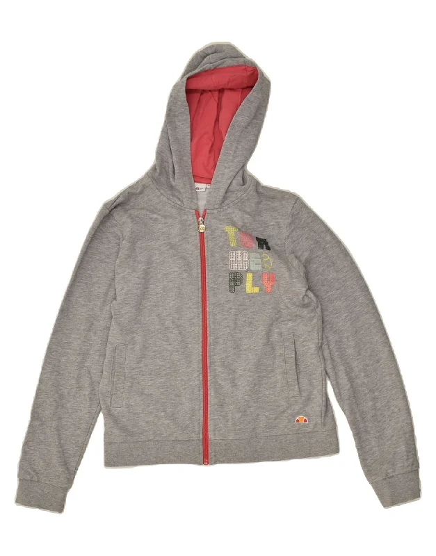 men's luxury knit sweaters -ELLESSE Girls Graphic Zip Hoodie Sweater 13-14 Years Grey Cotton