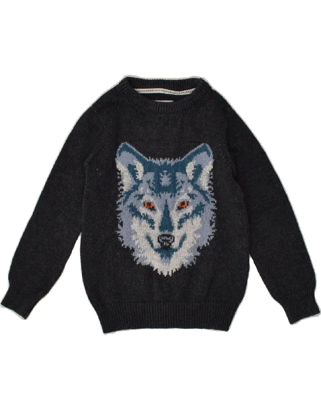 men's classic knit sweaters -FAT FACE Boys Graphic Boat Neck Jumper Sweater 6-7 Years Grey Animal Print