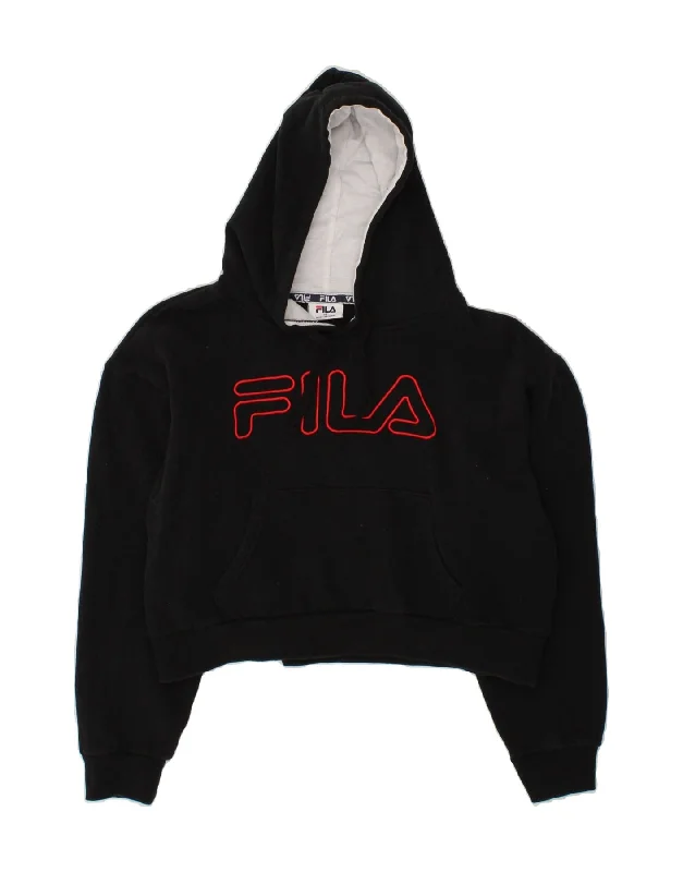 men's hoodie for snowboarding -FILA Boys Crop Graphic Hoodie Jumper 15-16 Years Black Cotton