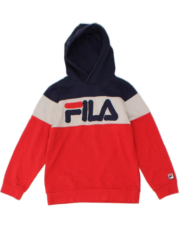 men's fleece hoodie jacket -FILA Boys Graphic Hoodie Jumper 9-10 Years Medium Red Colourblock Cotton