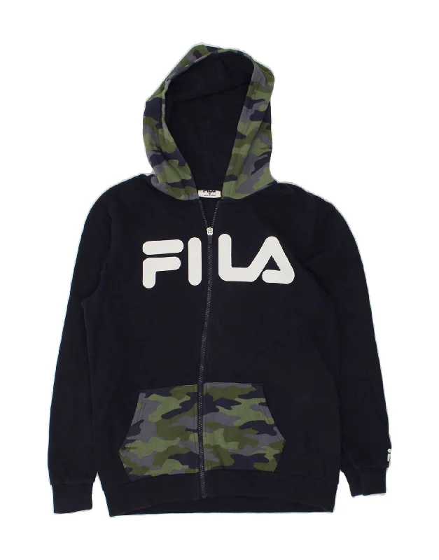 men's performance knit sweaters -FILA Boys Graphic Zip Hoodie Sweater 15-16 Years Navy Blue Camouflage