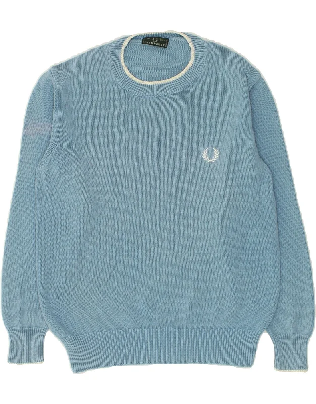 men's cardigan knitwear -FRED PERRY Boys Crew Neck Jumper Sweater 7-8 Years Blue Cotton