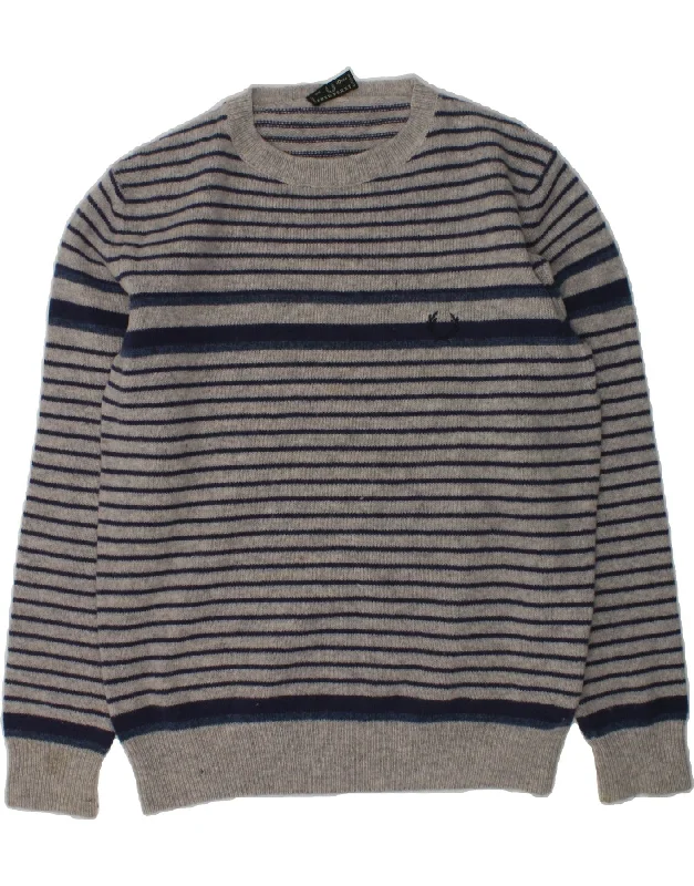 men's sweater vest -FRED PERRY Boys Crew Neck Jumper Sweater 9-10 Years Grey Striped Wool