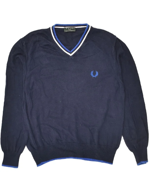 men's v-neck sweaters -FRED PERRY Boys V-Neck Jumper Sweater 7-8 Years Navy Blue Cotton