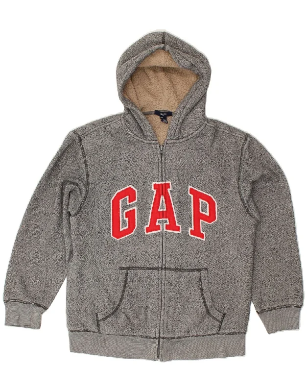 men's v-neck sweaters -GAP Boys Graphic Zip Hoodie Sweater 12-13 Years Grey Flecked Cotton