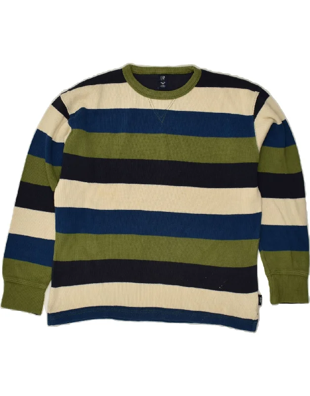 men's formal wool sweaters -GAP Girls Crew Neck Jumper Sweater 11-12 Years XL Green Striped Cotton