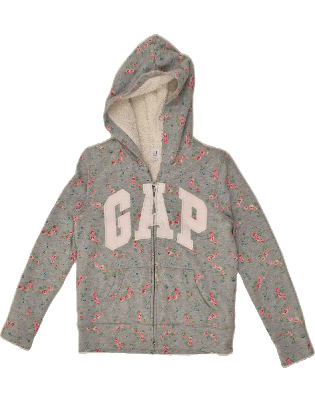 men's stylish winter sweaters -GAP Girls Graphic Sherpa Zip Hoodie Sweater 11-12 Years XL Grey Floral