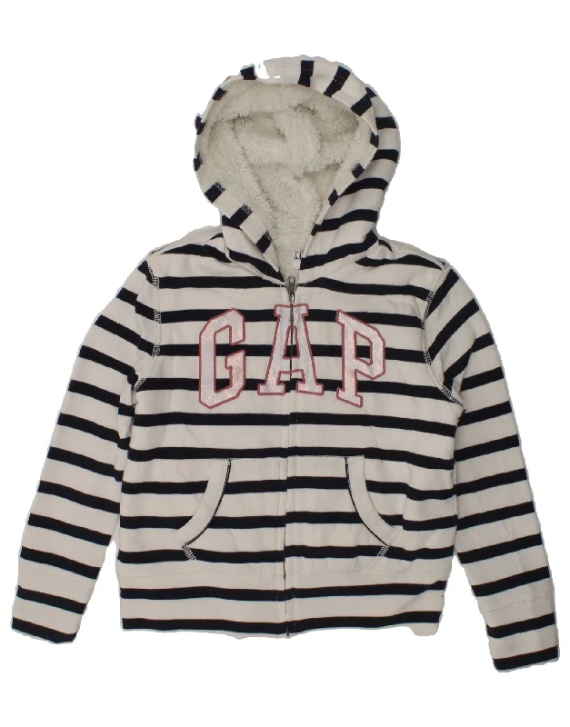 men's knitted pullover sweaters -GAP Girls Graphic Sherpa Zip Hoodie Sweater 6-7 Years Small  White Striped