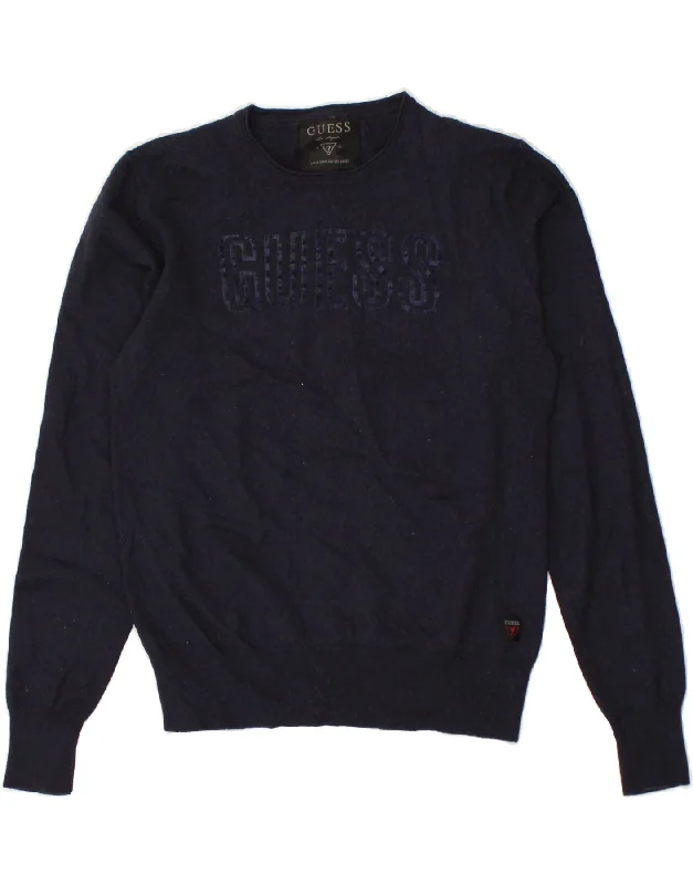 men's warm knit sweaters -GUESS Boys Graphic Crew Neck Jumper Sweater 10-11 Years Navy Blue Wool