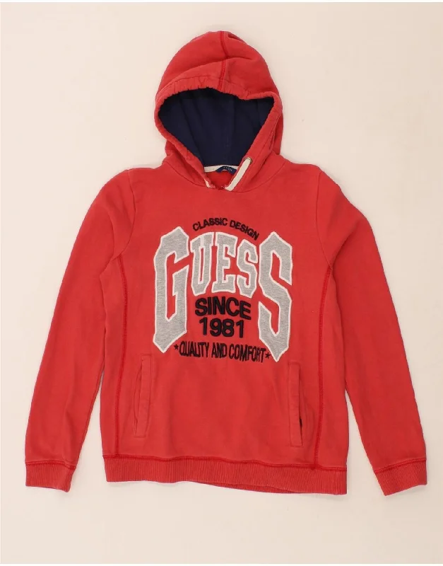 men's hoodie for layering -GUESS Boys Graphic Hoodie Jumper 13-14 Years Red Cotton