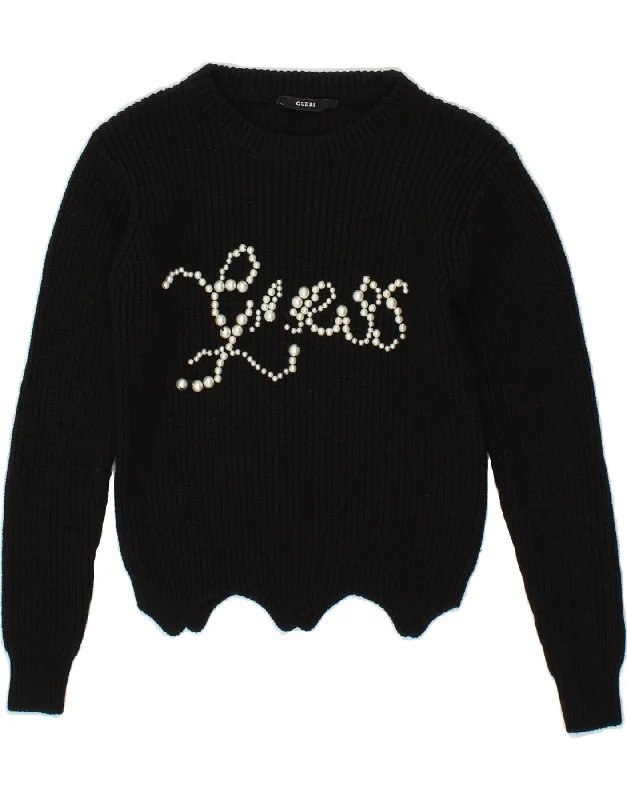 men's cozy fleece pullovers -GUESS Girls Graphic Asymmetric Crew Neck Jumper Sweater 9-10 Years Black