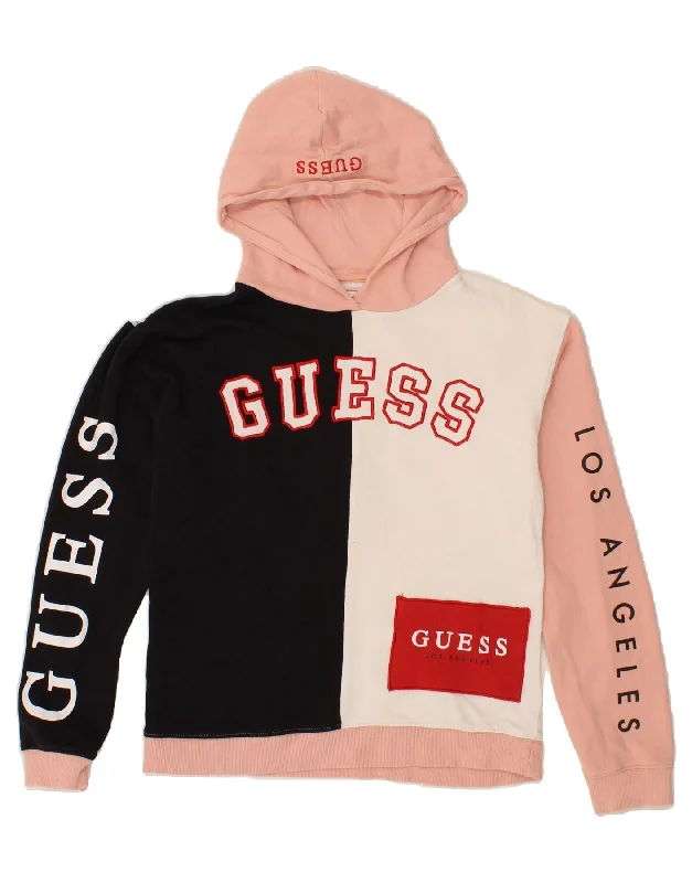 men's cozy hoodies -GUESS Girls Graphic Hoodie Jumper 15-16 Years Pink Colourblock Cotton