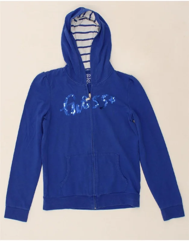 men's ribbed cardigans -GUESS Girls Graphic Zip Hoodie Sweater 15-16 Years Blue Cotton