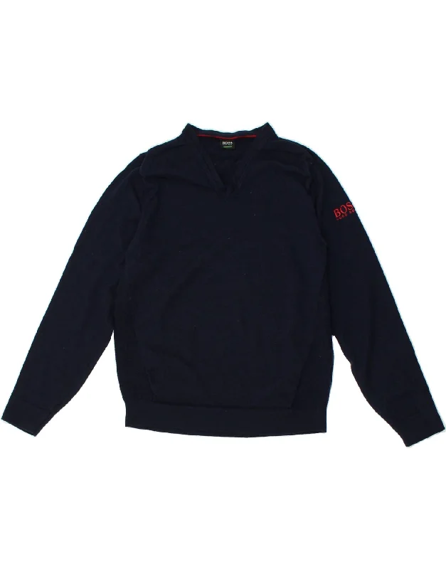 men's outdoor cashmere sweaters -HUGO BOSS Boys V-Neck Jumper Sweater 10-11 Years Large Navy Blue Wool