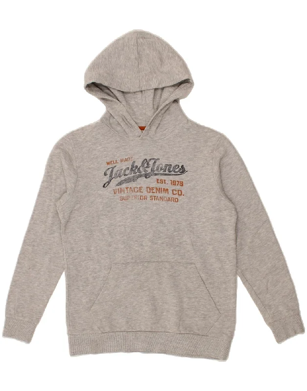 men's hoodie for snowboarding -JACK & JONES Boys Graphic Hoodie Jumper 13-14 Years Grey Cotton