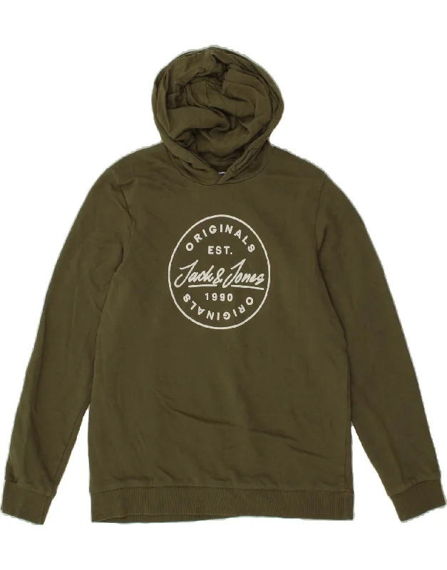 men's trendy zip-up sweatshirts -JACK & JONES Boys Graphic Hoodie Jumper 15-16 Years Khaki Cotton