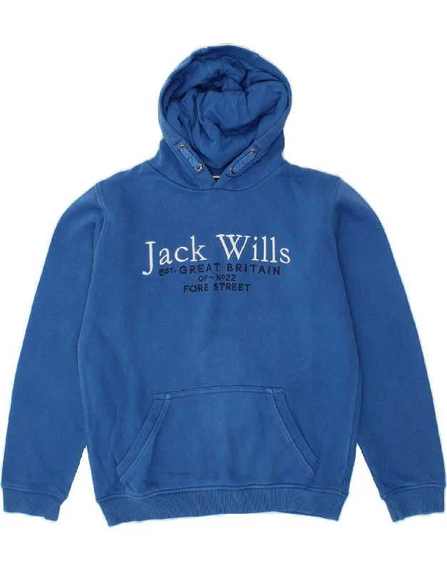 men's hoodie for layering in cold -JACK WILLS Boys Graphic Hoodie Jumper 12-13 Years Blue Cotton