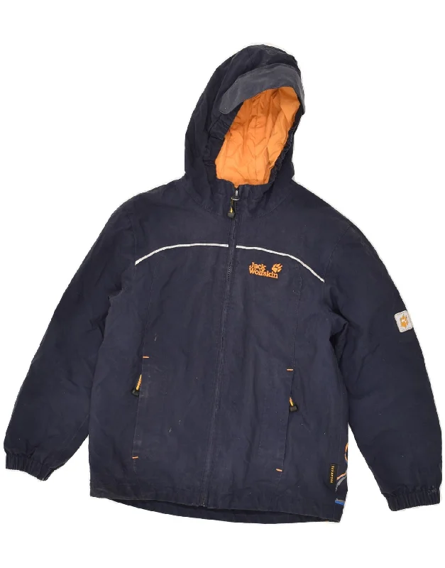 men's parkas -JACK WOLFSKIN Boys Graphic Hooded Windbreaker Jacket 9-10 Years Navy Blue