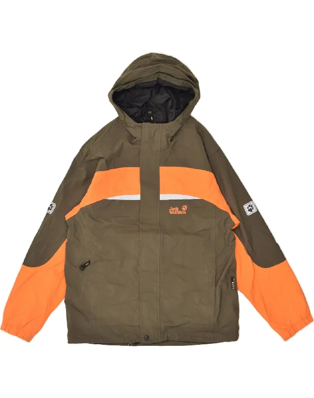 men's heavy-duty jackets for winter -JACK WOLFSKIN Boys Hooded Windbreaker Jacket 11-12 Years Khaki Colourblock