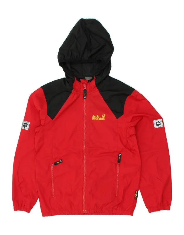 men's insulated jackets -JACK WOLFSKIN Boys Hooded Windbreaker Jacket 9-10 Years Red Colourblock