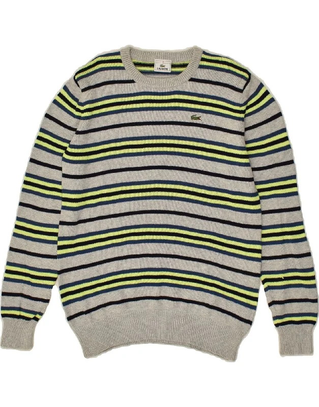 men's thick cardigans -LACOSTE Boys Crew Neck Jumper Sweater 11-12 Years Grey Striped Cotton