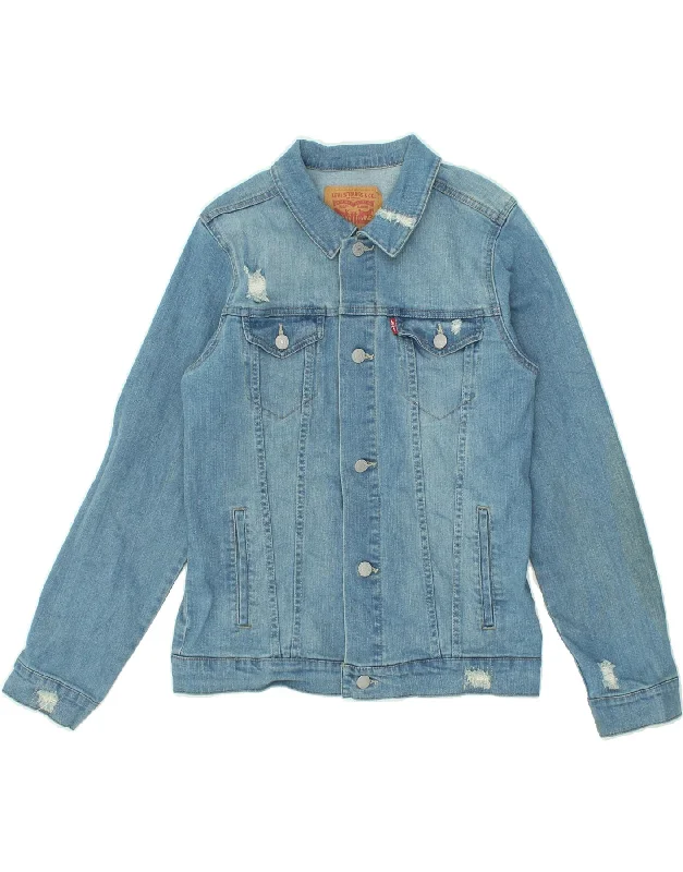 men's fleece-lined jackets -LEVI'S Boys Distressed Denim Jacket 12-13 Years Large Blue Cotton