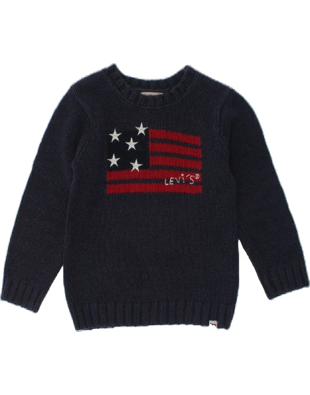 men's fleece sweaters -LEVI'S Boys Graphic Crew Neck Jumper Sweater 4-5 Years Navy Blue Cotton