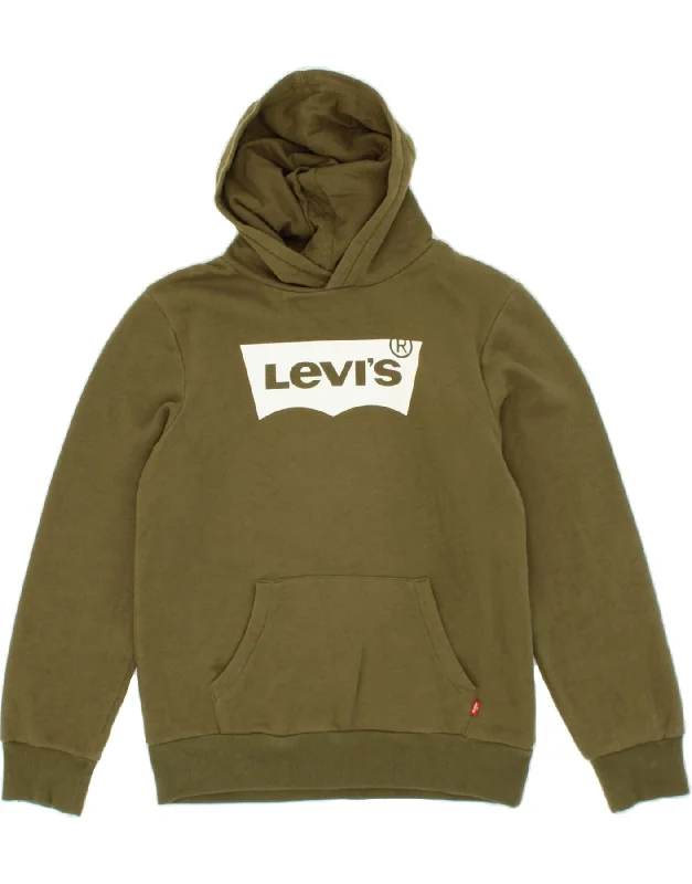 men's pullover hoodie with drawstrings -LEVI'S Boys Graphic Hoodie Jumper 13-14 Years Khaki Cotton