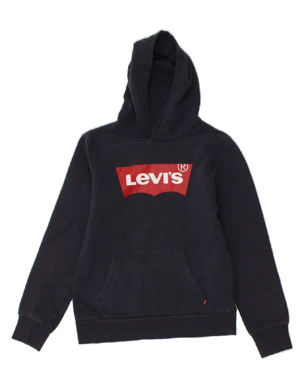 men's pullover hoodie with drawstrings -LEVI'S Boys Graphic Hoodie Jumper 13-14 Years Navy Blue Cotton