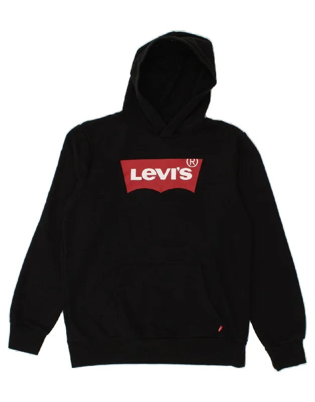 men's stylish fleece hoodies -LEVI'S Boys Graphic Hoodie Jumper 13-14 Years XL Black Cotton