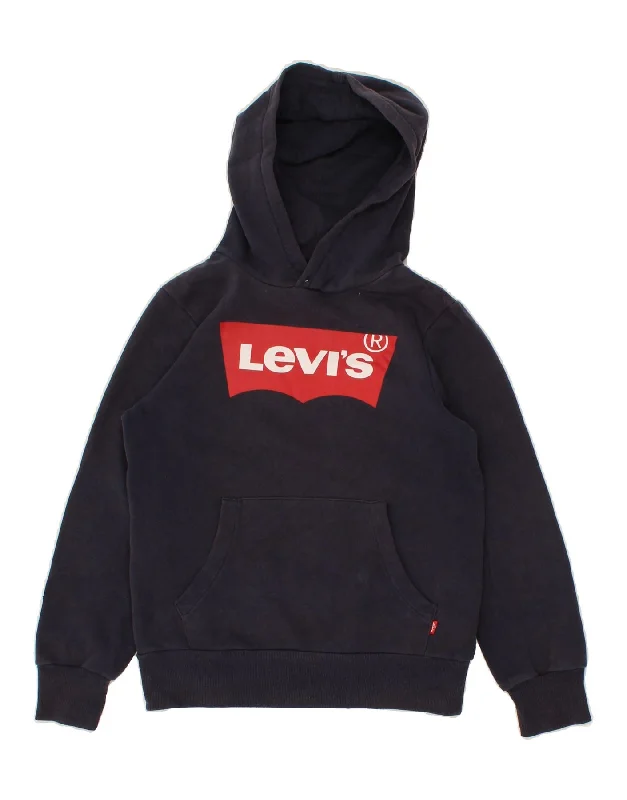 men's hoodie for running -LEVI'S Boys Graphic Hoodie Jumper 9-10 Years Navy Blue Cotton