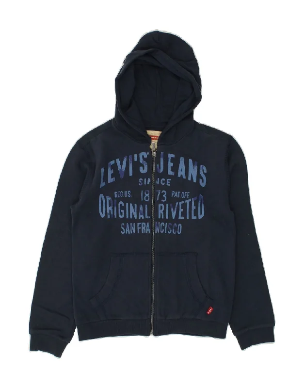 men's patterned sweaters -LEVI'S Boys Graphic Zip Hoodie Sweater 9-10 Years Navy Blue Cotton