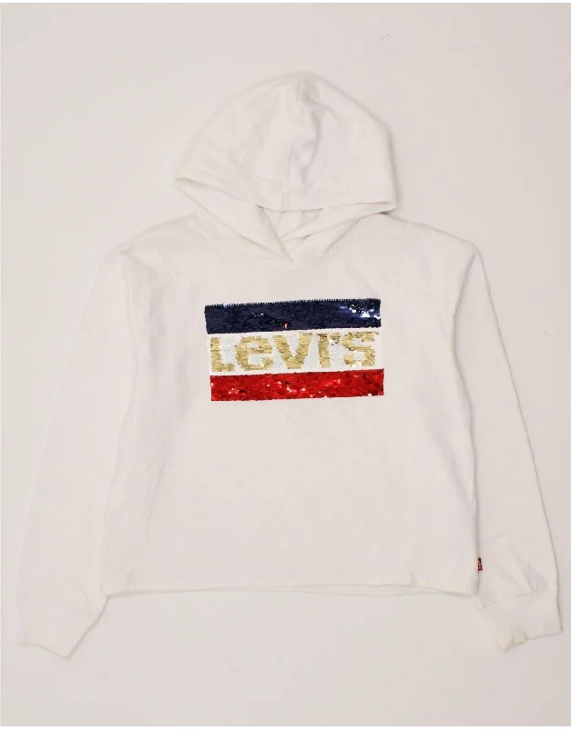 men's workout hoodies -LEVI'S Girls Crop Graphic Hoodie Jumper 13-14 Years XL White Cotton