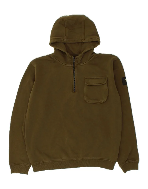 men's zip hoodie with drawstrings -LYLE & SCOTT Boys Zip Neck Hoodie Jumper 15-16 Years Khaki Cotton