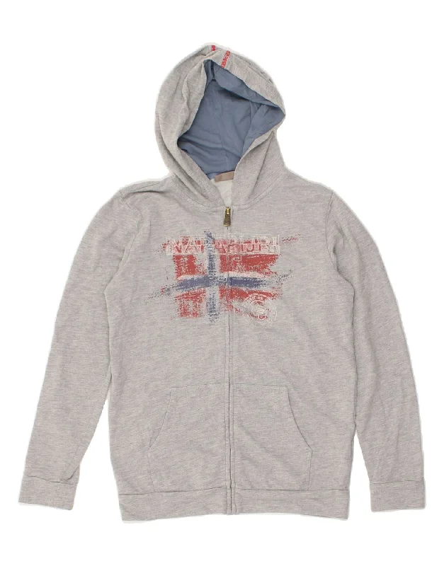 men's soft cashmere sweaters -NAPAPIJRI Boys Graphic Zip Hoodie Sweater 13-14 Years Grey Cotton