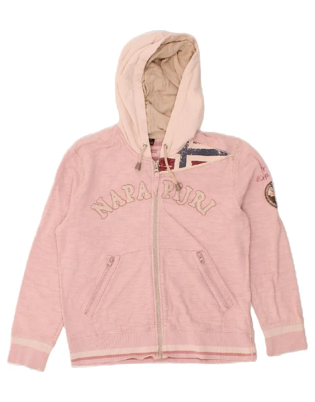 men's fitted sweaters -NAPAPIJRI Girls Graphic Zip Hoodie Sweater 9-10 Years Pink Cotton