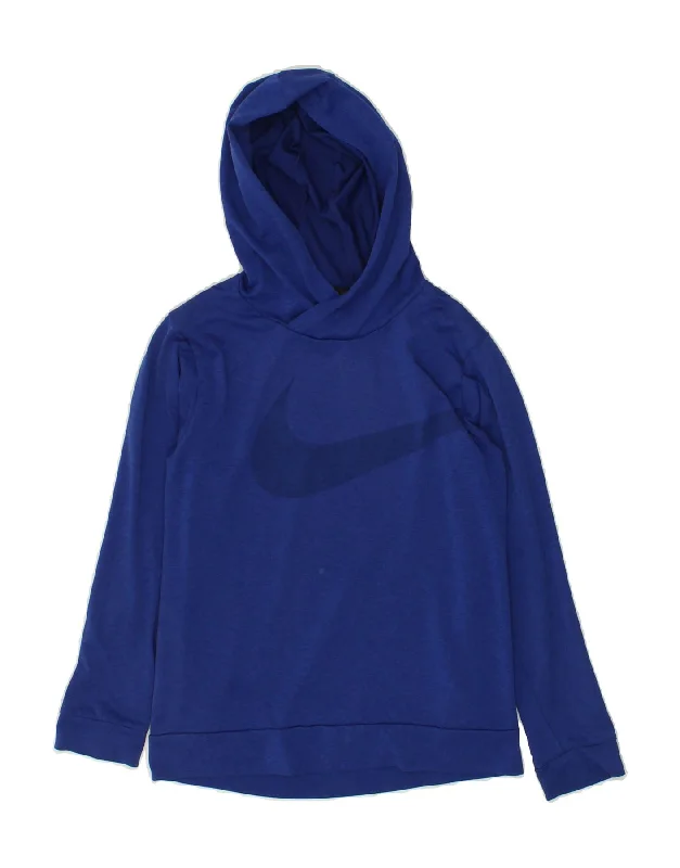 men's oversized hoodie sweatshirt -NIKE Boys Dri Fit Graphic Hoodie Jumper 10-11 Years Medium Blue Polyester