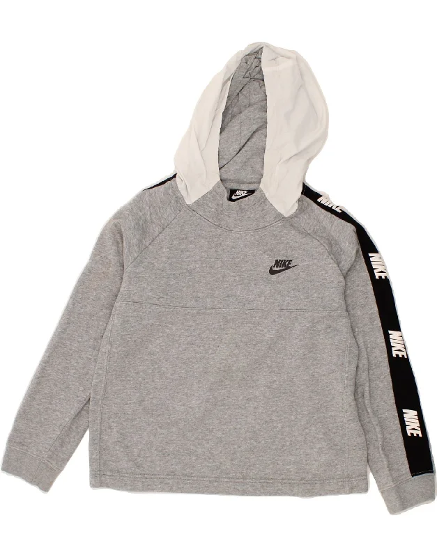 men's printed fleece sweatshirts -NIKE Boys Graphic Hoodie Jumper 10-11 Years Medium  Grey Colourblock