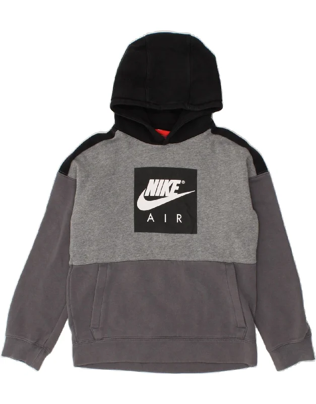 men's graphic design hoodie sweatshirts -NIKE Boys Graphic Hoodie Jumper 12-13 Years Large Grey Colourblock