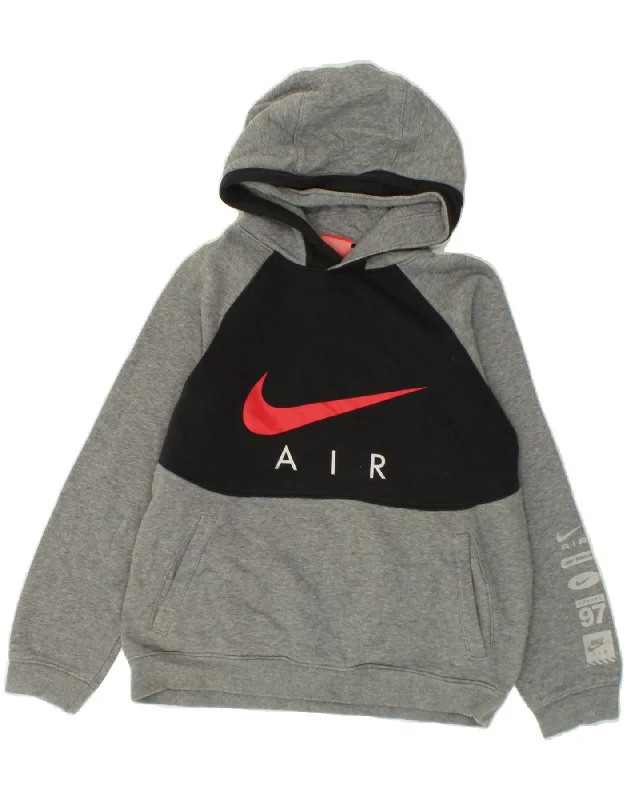 men's athletic hoodies -NIKE Boys Graphic Hoodie Jumper 12-13 Years Large Grey Colourblock Cotton