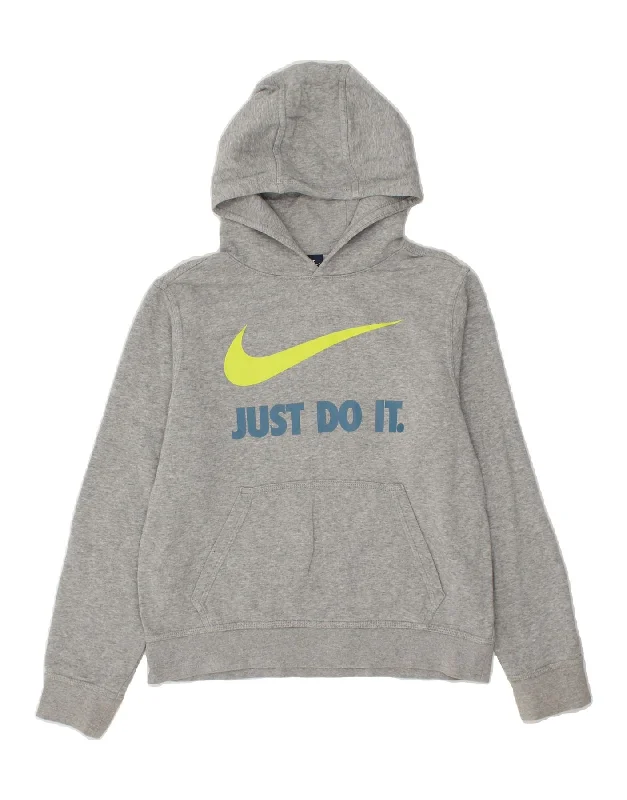 men's cozy hoodies -NIKE Boys Graphic Hoodie Jumper 12-13 Years Large Grey Cotton