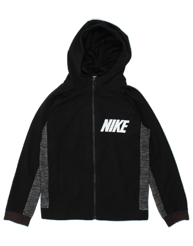 men's casual pullover sweaters -NIKE Boys Graphic Zip Hoodie Sweater 10-11 Years Medium Black Colourblock