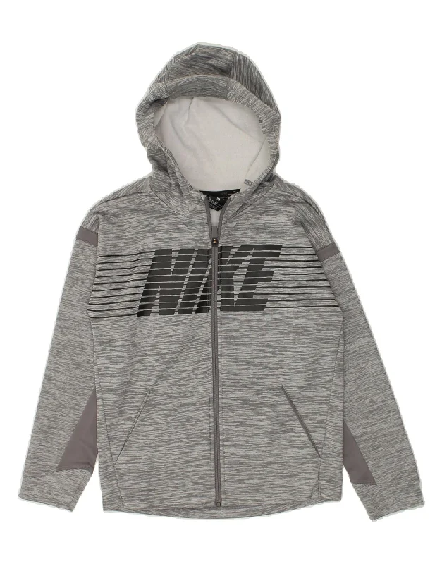 men's luxurious sweaters -NIKE Boys Graphic Zip Hoodie Sweater 10-11 Years Medium Grey Flecked