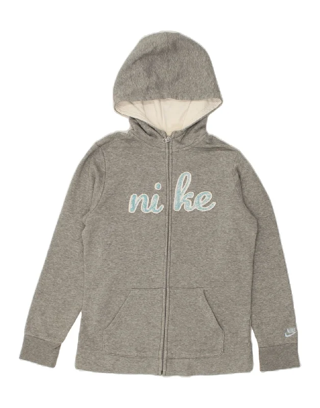 men's high-neck sweaters -NIKE Boys Graphic Zip Hoodie Sweater 13-14 Years XL Grey Cotton