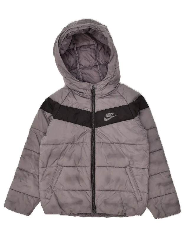 men's zip-up jackets -NIKE Boys Hooded Padded Jacket 6-7 Years Large Grey Colourblock Polyester